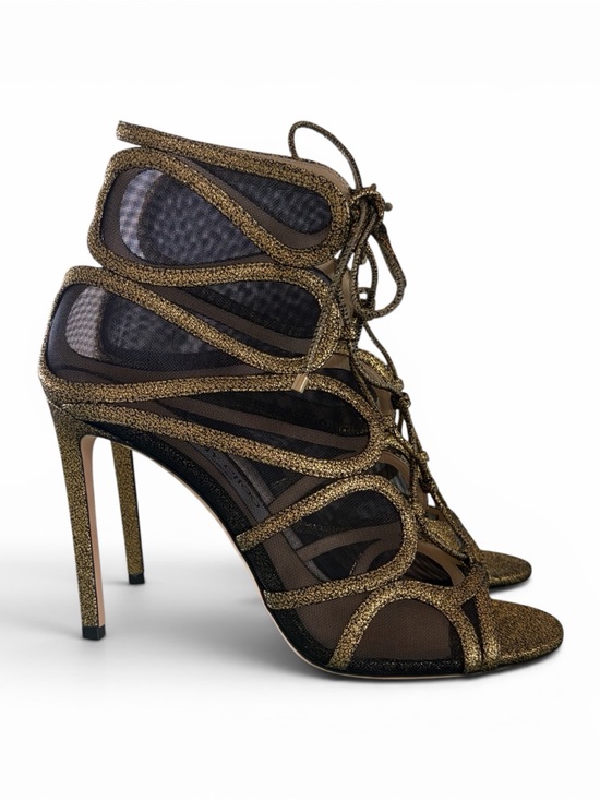 Jimmy Choo Shoes - Jimmy Choo Gold Glitter Lace-Up Mesh Stiletto Sandals
